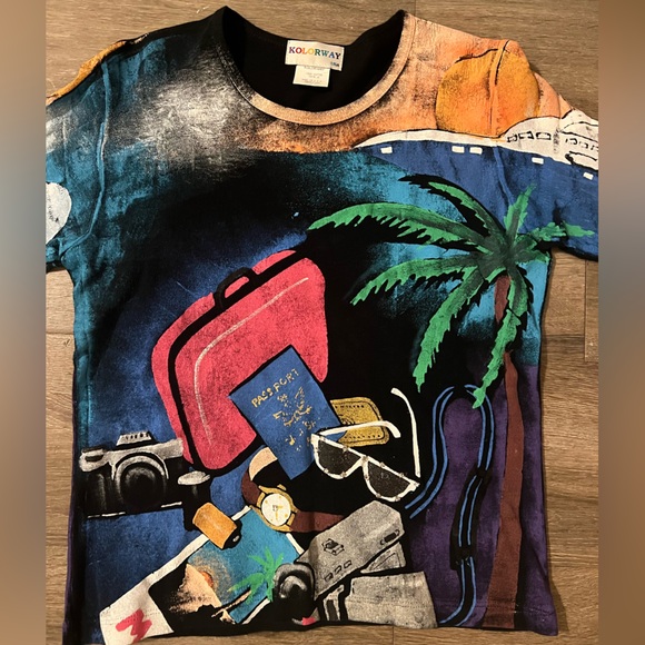 VINTAGE Kolorway USA Hand Painted 3/4 Sleeve Shirt travel passport vacation - Picture 1 of 8